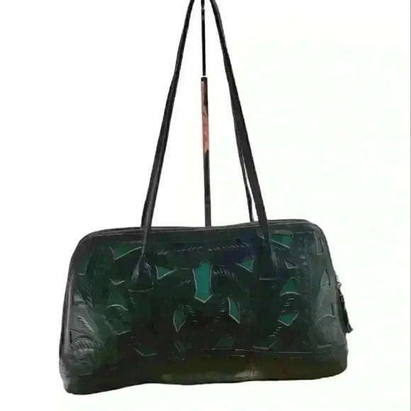 Leaders In Leather Black Hand Tooled Vtg Lined Shoulder Bag Made in Paraguay. - Picture 2 of 12